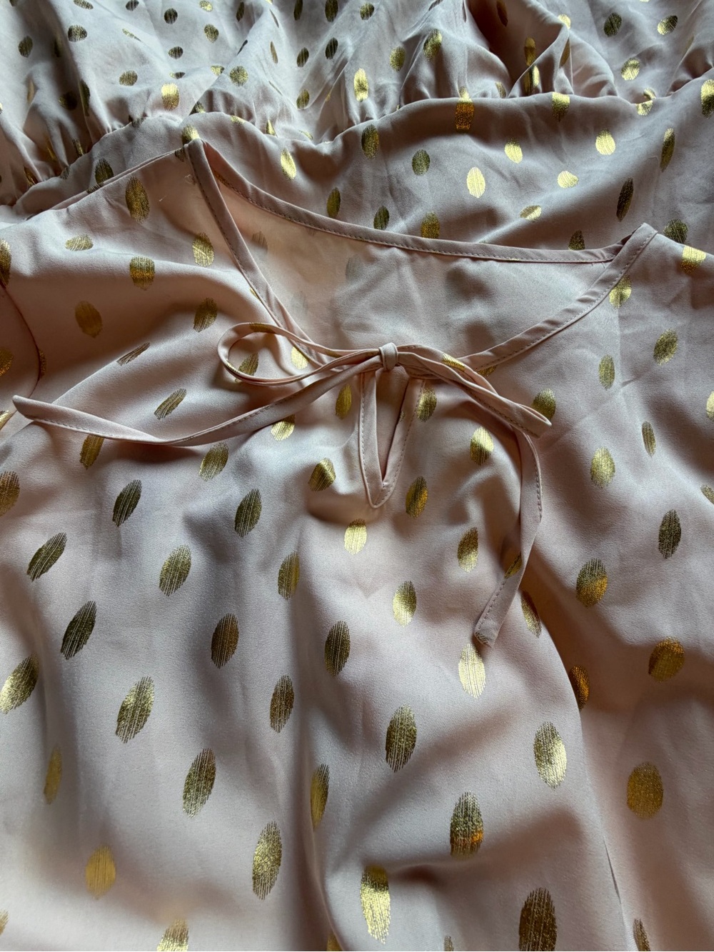 Blush Pink Gold Foil Polka Dot Tiered Maxi Dress Long Sleeve Size L - Picture 7 of 8